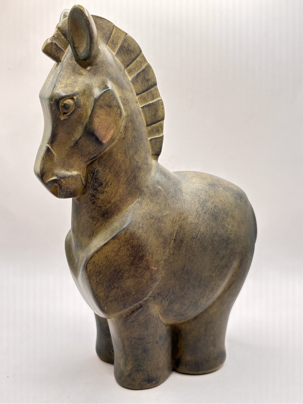 Horse Trojan 
Statue - Green/Grey, 7” Tall with Bronze look made of stone